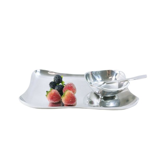 Serving Tray Bowl and Spoon Polished Metal Silver Color - Picture 10 of 10